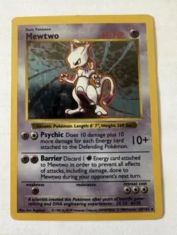 Pokemon Base Set SHADOWLESS Mewtwo Holo 10/102 — Moderately Played - Image 1