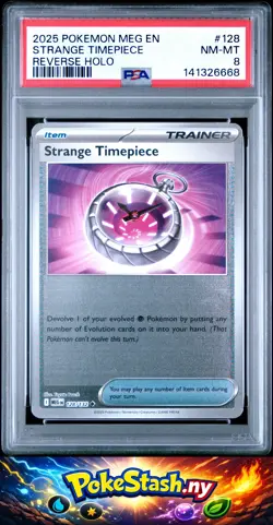 2025 Pokemon Meg En-Mega Evolution #128 Strange Timepiece Reverse Holo PSA 8 - Image 1