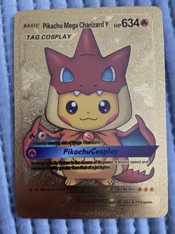 Pokemon Pikachu Mega Charizard Y Tag Cosplay Poncho Gold Foil Fan Art Card TCG - Image 1