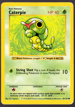 Caterpie 45/102 Shadowless Base Set Pokemon Card 1999 HP - Image 1