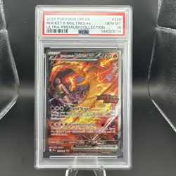 2025 Pokemon Destined Rivals EN Rocket’s Moltres Stamped UPC #229 PSA 10 Graded - Image 1