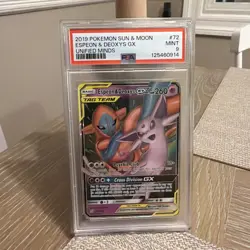 2019 POKEMON SUN & MOON UNIFIED MINDS #72 ESPEON & DEOXYS GX PSA 9 - Image 1