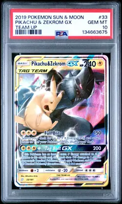2019 POKEMON SUN & MOON TEAM UP #33 PIKACHU & ZEKROM GX PSA 10 - Image 1