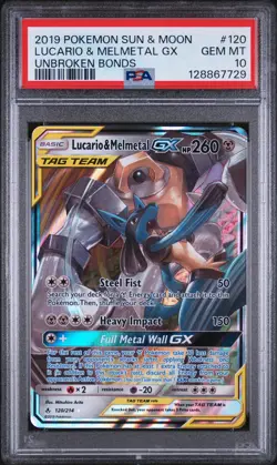 2019 POKEMON SUN & MOON UNBROKEN BONDS #120 LUCARIO & MELMETAL GX PSA 10 - Image 1