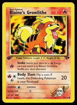 Blaine's Growlithe 62/132 Common 1st Edition Gym Challenge Pokemon Card - Image 1