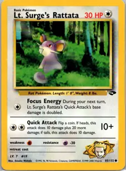 Pokemon TCG Lt Surges Rattata 85/132 Gym Challenge LP - Image 1