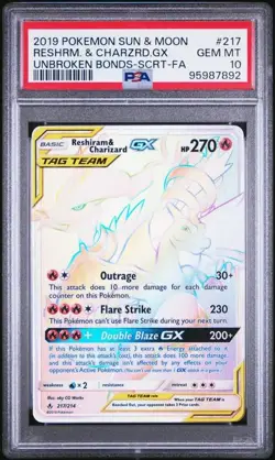 PSA 10 GEM MINT Reshiram & Charizard GX Unbroken Bonds Secret Pokemon 217/214 - Image 1