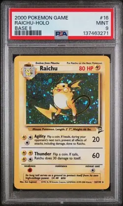 PSA 9 MINT Raichu Base Set 2 Holo Rare 2000 Pokemon Swirl WOTC 16/130 - Image 1