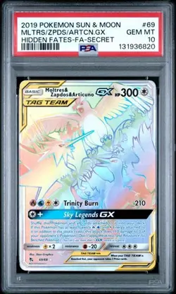 PSA 10 GEM MINT Moltres & Zapdos & Articuno GX Hidden Fates Secret Pokemon 69/68 - Image 1