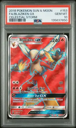 PSA 10 GEM MINT Blaziken GX Celestial Storm Full Art Holo 2018 Pokemon 153/168 - Image 1