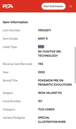Pokemon TCG Iron Valiant EX 157/131 Prismatic Evolutions PSA 9 - Image 4