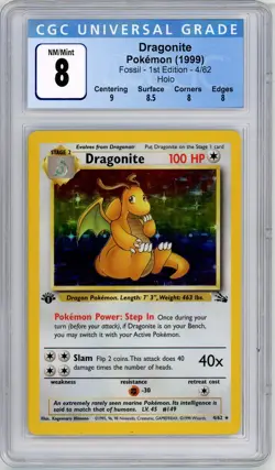 Pokemon Dragonite #4 Fossil 1st Edition Holo CGC 8 NM/Mint - Image 1