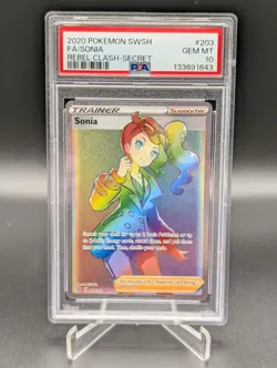 2020 Pokemon Sword and Shield Rebel Clash Sonia Secret Rare Card #203 PSA 10 - Image 1