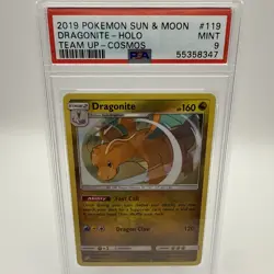 2019 Pokemon Sun & Moon Team Up Cosmos Dragonite Holo #119 PSA 9 - Image 1