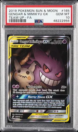 2019 POKEMON SUN & MOON TEAM UP #165 FULL ART/GENGAR & MIMIKYU GX PSA 10 - Image 1