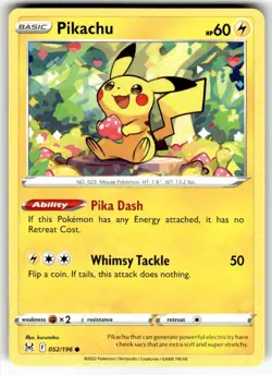 Pokemon Pikachu Normal Common SWSH11: Lost Origin 052/196 NM - Image 1