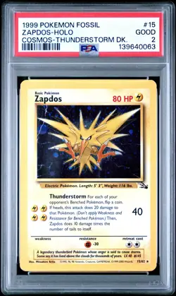 1999 POKEMON FOSSIL COSMOS-THUNDERSTORM DECK #15 ZAPDOS-HOLO PSA 2 - Image 1