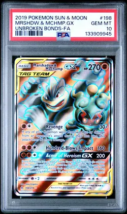 2019 POKEMON SUN & MOON UNBROKEN BONDS FULL ART/MARSHADOW & MACHAMP GX PSA 10 - Image 1