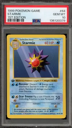 Pokemon Starmie Base Set Shadowless 1st Edition #64 PSA 10 Gem Mint - Image 1
