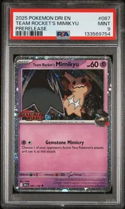 PSA 9 MINT 2025 Pokemon Destined Rivals TEAM ROCKET'S MIMIKYU #087 Prerelease - Image 1