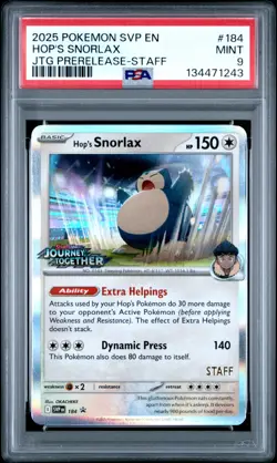 2025 POKEMON SVP PROMO JOURNEY TOGETHER PRERELEASE STAFF HOP'S SNORLAX PSA 9 - Image 1