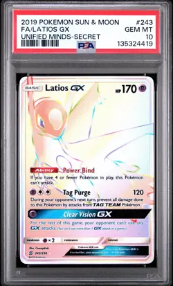 2019 POKEMON SUN & MOON UNIFIED MINDS SECRET #243 FULL ART/LATIOS GX PSA 10 - Image 1