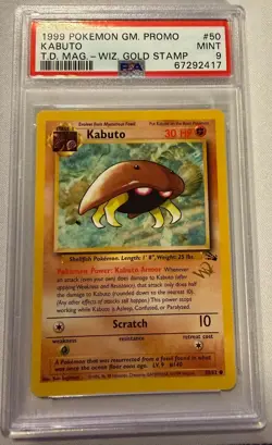 1999 POKEMON GM. PROMO KABUTO T.D. MAG. - WIZ. GOLD STAMP PSA MINT 9 - Image 1