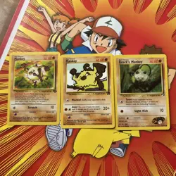 Mankey Pokemon Card Bundle – 3 Cards: Mankey 55/64, 61/82, Brock's Mankey 67/132 - Image 1