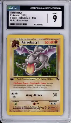 CGC 9 Aerodactyl Pokemon Vintage Fossil 1st Edition Prerelease Stamp Holo 1/62 - Image 1
