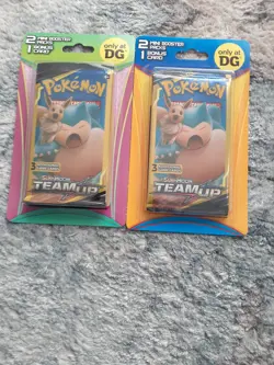2X Pokemon Team Up Sealed 2 Pack Mini Blister Dollar General Eevee Snorlax Gx - Image 1