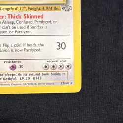 Pokemon TCG Snorlax Rare Card 27/64 Jungle 1999 - Image 4