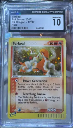 CGC 10 GEM MINT Torkoal EX Dragon 12/97 Holo Rare Graded Pokemon Card - Image 1
