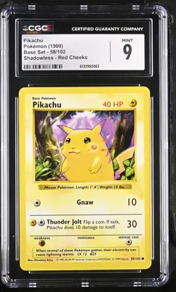 CGC 9 MINT Pikachu 1999 Base Set 58/102 Shadowless Red Cheeks Pokemon Card - Image 1