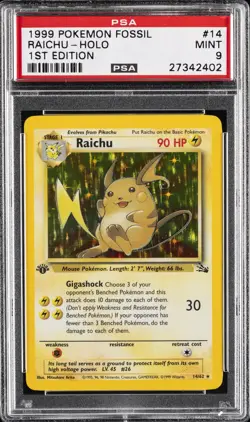 1999 POKEMON FOSSIL 1ST ED #14 RAICHU-HOLO PSA 9 - Image 1