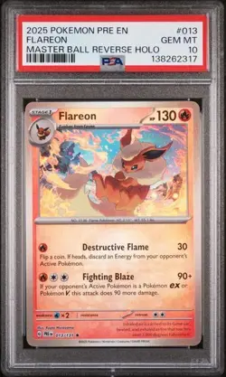 PSA 10 FLAREON 013 MASTER BALL REVERSE HOLO PRISMATIC EVOLUTIONS POKEMON - Image 1