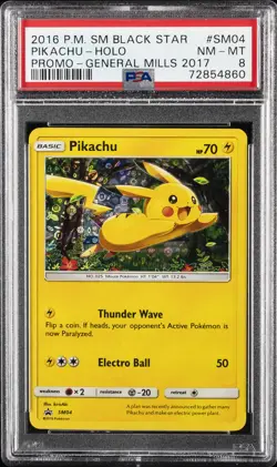 2016 POKEMON SM BLACK STAR PROMO GENERAL MILLS 2017 #SM04 PIKACHU-HOLO PSA 8 - Image 1