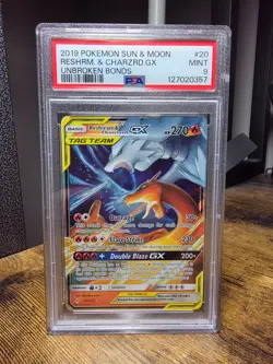 2019 POKEMON SUN & MOON UNBROKEN BONDS #20 RESHIRAM & CHARIZARD GX PSA 9 - Image 1