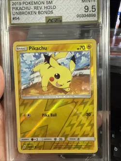 2019 Pokemon S&M Pikachu Reverse HOLO Foil Unbroken Bonds 54/215 Graded AGS 9.5 - Image 1