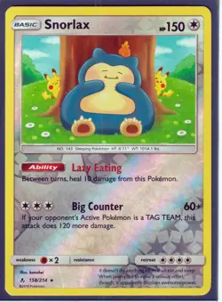 2019 POKEMON SNORLAX 158/214 w/ Pikachu-UNBROKEN BONDS-RARE-REVERSE HOLO-NM (S2) - Image 1