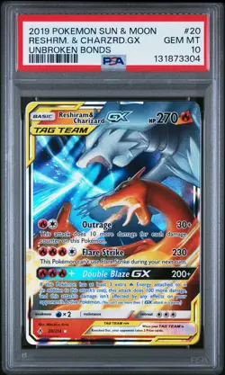 2019 POKEMON SUN & MOON UNBROKEN BONDS #20 RESHIRAM & CHARIZARD GX PSA 10 - Image 1