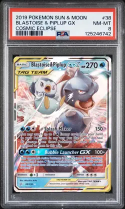 2019 POKEMON SUN & MOON COSMIC ECLIPSE #38 BLASTOISE & PIPLUP GX PSA 8 - Image 1