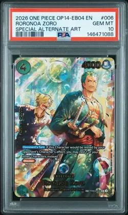 2026 One Piece Roronoa Zoro PRB02-006 The Azure Sea's Seven Foil Psa 10 - Image 1