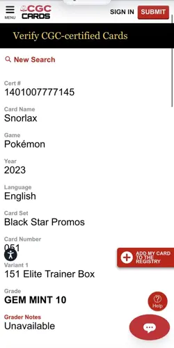 Pokemon Snorlax 051 Black Star Promo Graded CGC 10 Gem Mint Pokemon 151 ETB - Image 4