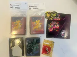 Pokemon Card Sleeves Lot. Plus Stickers, Coins And A Pin - Image 1