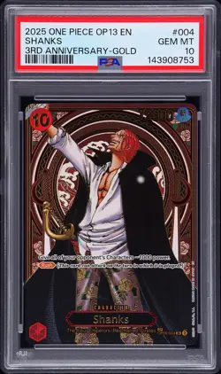 2025 ONE PIECE OP13-CARRYING ON HIS WILL 3RD ANV-GOLD #004 SHANKS PSA 10 - Image 1