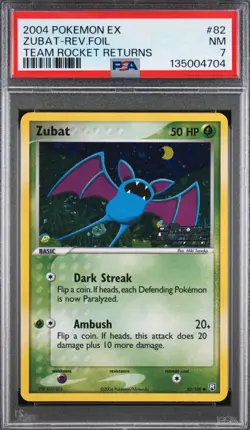 2004 POKEMON EX TEAM ROCKET RETURNS #82 ZUBAT-REVERSE FOIL PSA 7 NM Swirl - Image 1