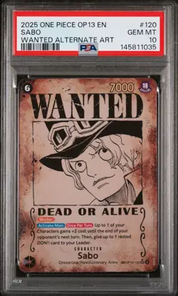 PSA 10 Sabo OP13-120 SP Alt Art SEC Wanted Carrying on His Will One Piece Card - Image 1