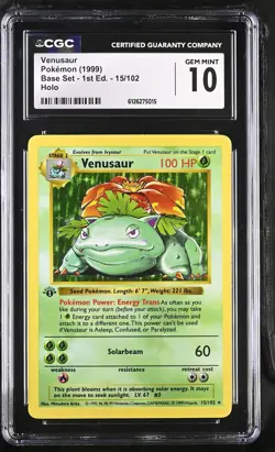 CGC 10 Venusaur 1999 Base Set 1st Edition Shadowless 15/102 Holo Pokemon Card - Image 1