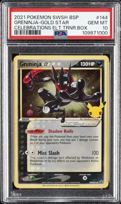 2021 POKEMON SWSH BLACK STAR PROMO #144 GRENINJA-GOLD STAR W/ SWIRL PSA 10 - Image 1