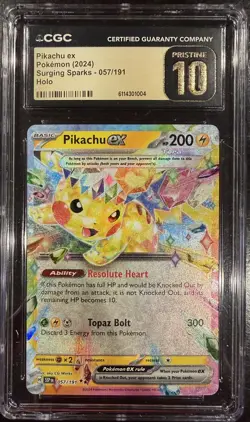 CGC 10 PRISTINE Pikachu ex 057/191 Holo Surging Sparks SSP Pokemon Card - Image 1